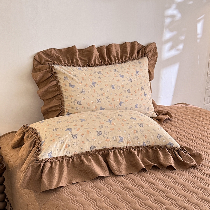 91家纺网 家纺一手货源 找家纺 贝凯瑞 2026新款双层纱木棉水洗棉法式复古花边床盖单件三件四件套-焦糖系列 焦糖蓝蝶