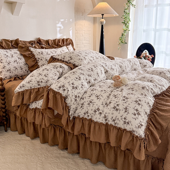 91家纺网 家纺一手货源 找家纺 贝凯瑞 2026新款双层纱木棉水洗棉法式复古花边床盖单件三件四件套-焦糖系列 焦糖花漾