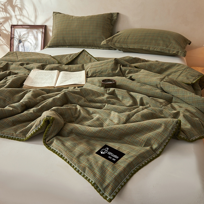 91家纺网 家纺一手货源 找家纺 阳光被业 2026新款100%棉花双层纱夏被新疆棉花空调被可机洗夏凉被绣边踩棉工艺 繁华--绿