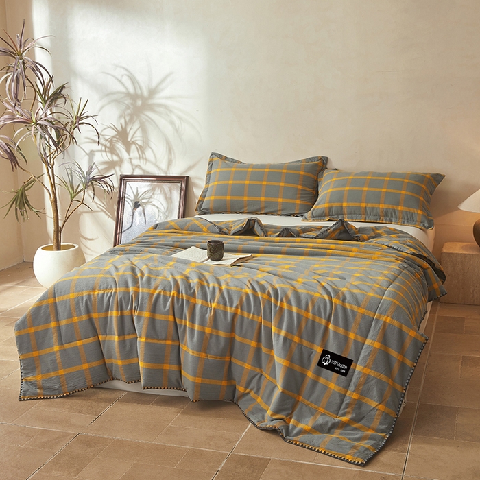 91家纺网 家纺一手货源 找家纺 阳光被业 2026新款100%棉花双层纱夏被新疆棉花空调被可机洗夏凉被绣边踩棉工艺 格调--黄