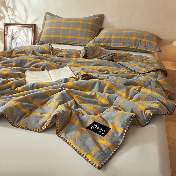 91家纺网 家纺一手货源 找家纺 阳光被业 2026新款100%棉花双层纱夏被新疆棉花空调被可机洗夏凉被绣边踩棉工艺 格调--黄