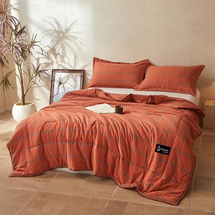 91家纺网 家纺一手货源 找家纺 阳光被业 2026新款100%棉花双层纱夏被新疆棉花空调被可机洗夏凉被绣边踩棉工艺 品味--橘色