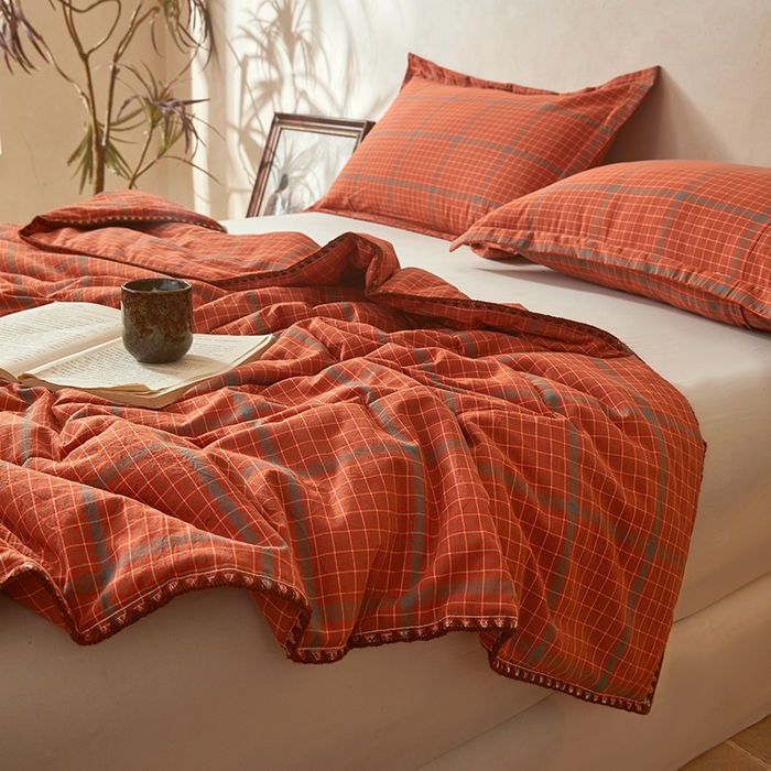 91家纺网 家纺一手货源 找家纺 阳光被业 2026新款100%棉花双层纱夏被新疆棉花空调被可机洗夏凉被绣边踩棉工艺 品味--橘色