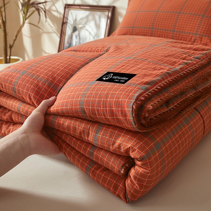 91家纺网 家纺一手货源 找家纺 阳光被业 2026新款100%棉花双层纱夏被新疆棉花空调被可机洗夏凉被绣边踩棉工艺 品味--橘色
