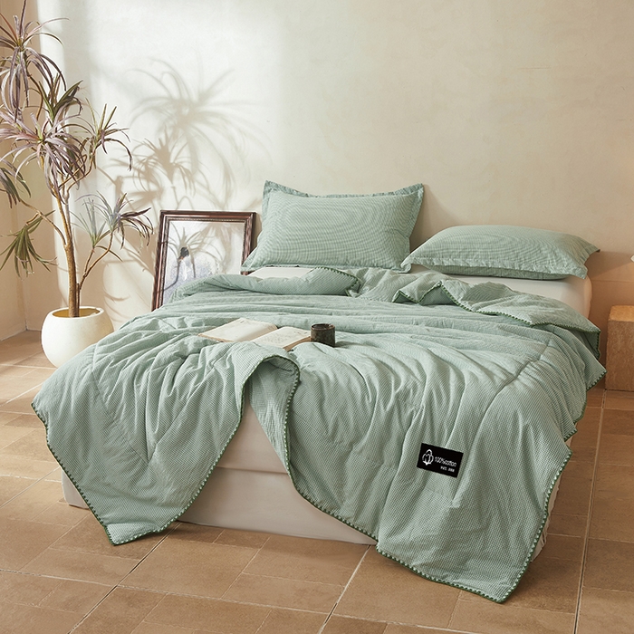 91家纺网 家纺一手货源 找家纺 阳光被业 2026新款100%棉花双层纱夏被新疆棉花空调被可机洗夏凉被绣边踩棉工艺 小格格--绿