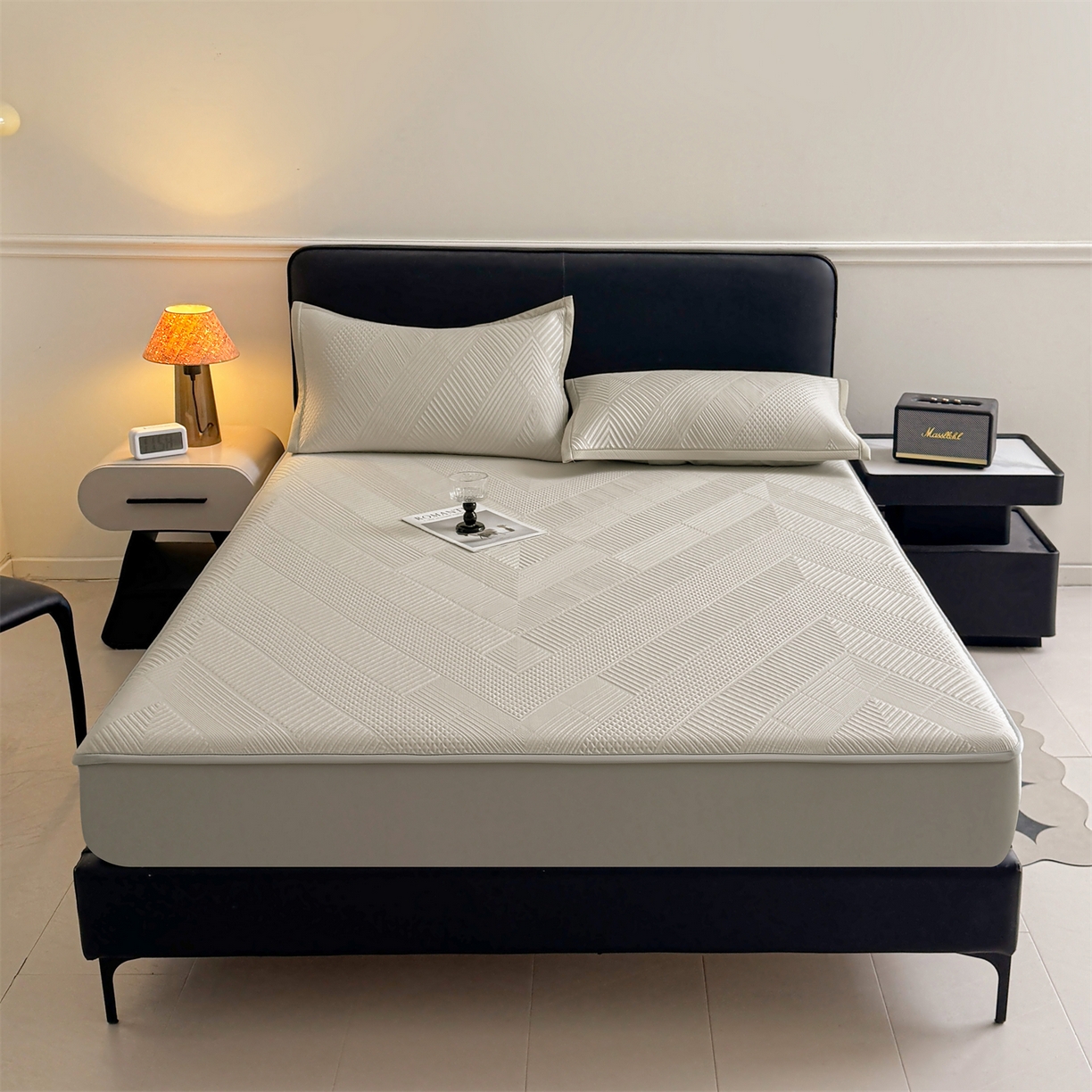 91家纺网 家纺一手货源 找家纺 慕木家纺 2026新品A类高克重高端复合三明治PE乙纶提花冰豆豆凉席床笠都市棱境系列（提供买家秀） 床笠款都市棱境-卡其