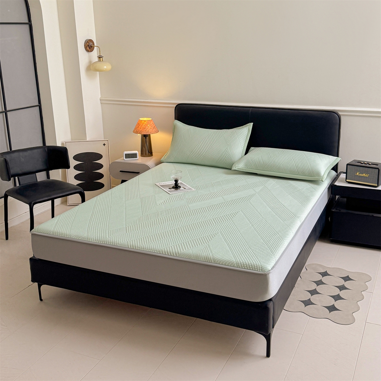 91家纺网 家纺一手货源 找家纺 慕木家纺 2026新品A类高克重高端复合三明治PE乙纶提花冰豆豆凉席床笠都市棱境系列（提供买家秀） 床笠款都市棱境-绿