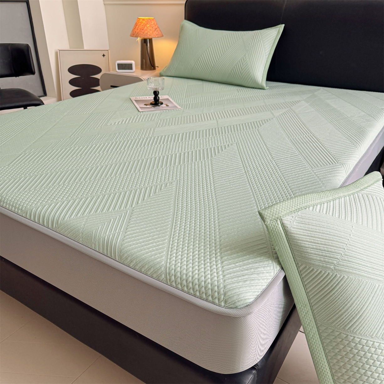 91家纺网 家纺一手货源 找家纺 （总）慕木家纺 2026新品A类高克重高端复合三明治PE乙纶提花冰豆豆凉席床笠都市棱境系列（提供买家秀）