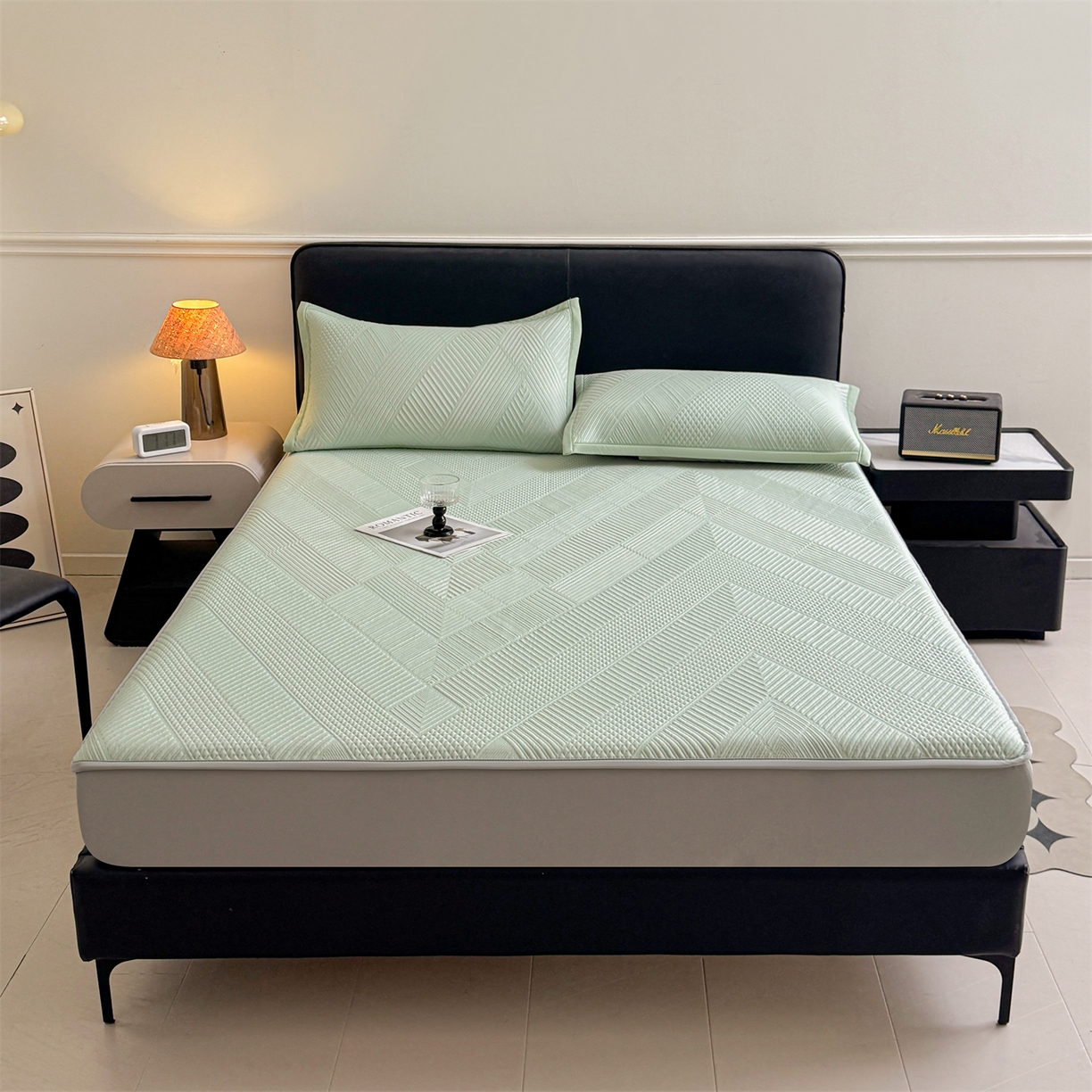 91家纺网 家纺一手货源 找家纺 慕木家纺 2026新品A类高克重高端复合三明治PE乙纶提花冰豆豆凉席床笠都市棱境系列（提供买家秀） 床笠款都市棱境-绿