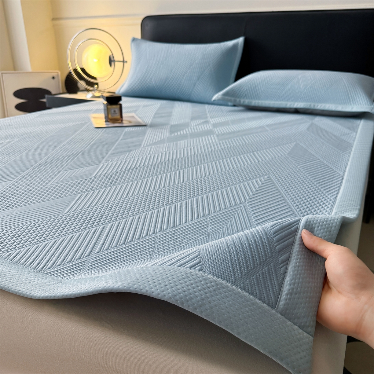 慕木家纺 2026新品A类高克重高端复合三明治PE乙纶提花冰豆豆凉席床笠都市棱境系列（提供买家秀） 床席款都市棱境-蓝