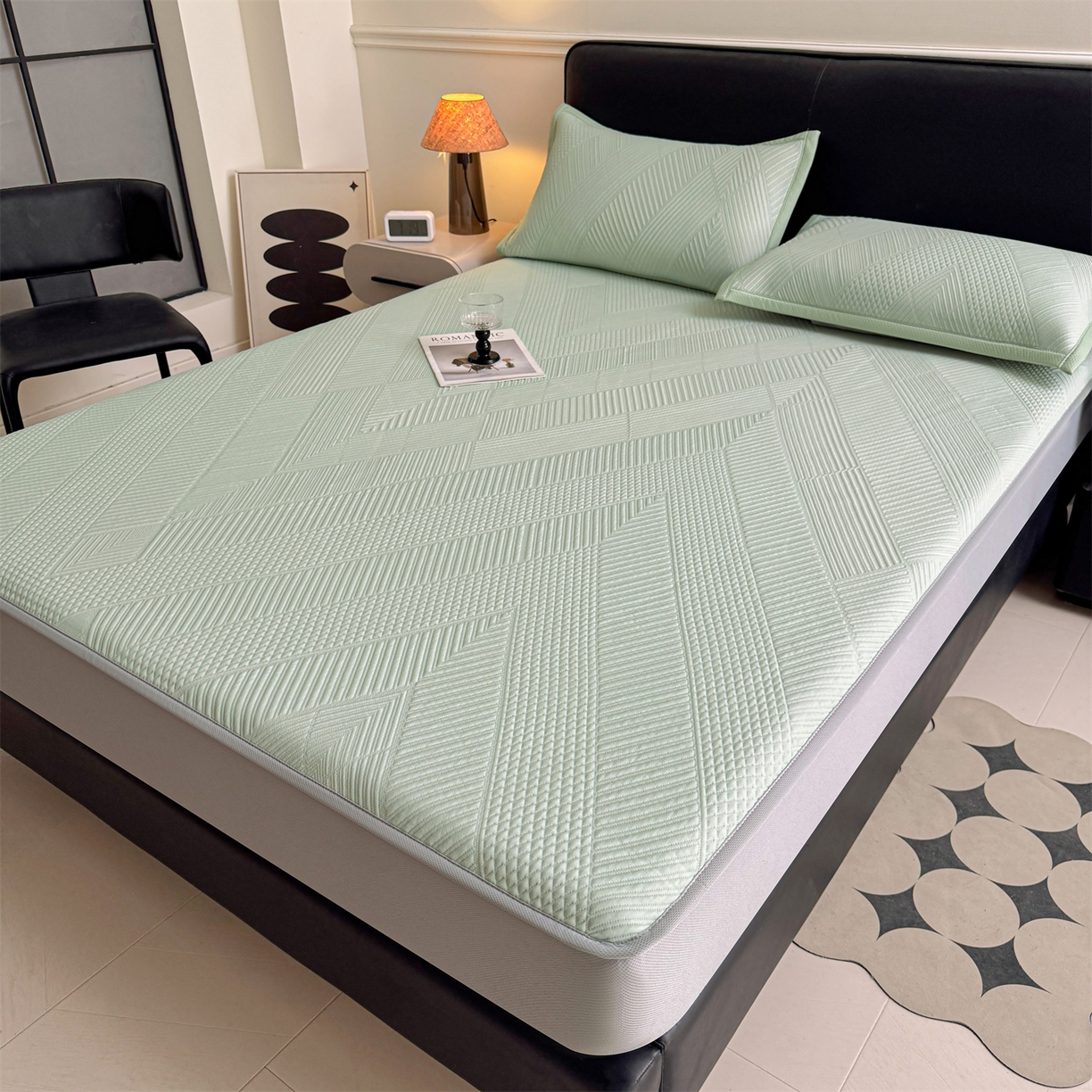 91家纺网 家纺一手货源 找家纺 慕木家纺 2026新品A类高克重高端复合三明治PE乙纶提花冰豆豆凉席床笠都市棱境系列（提供买家秀） 床笠款都市棱境-绿