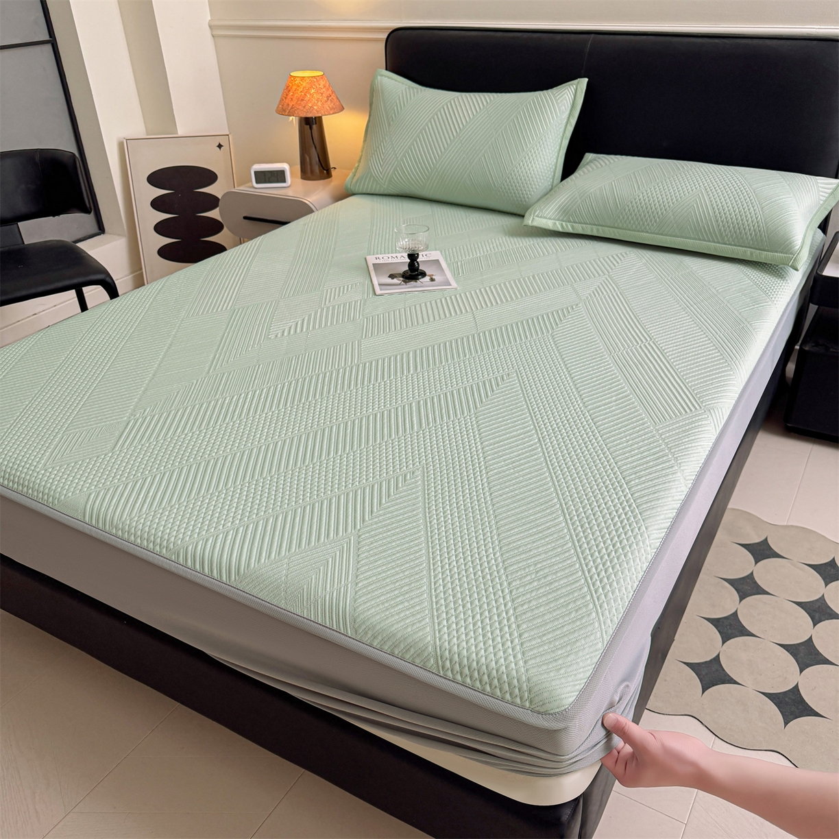 91家纺网 家纺一手货源 找家纺 慕木家纺 2026新品A类高克重高端复合三明治PE乙纶提花冰豆豆凉席床笠都市棱境系列（提供买家秀） 床笠款都市棱境-绿