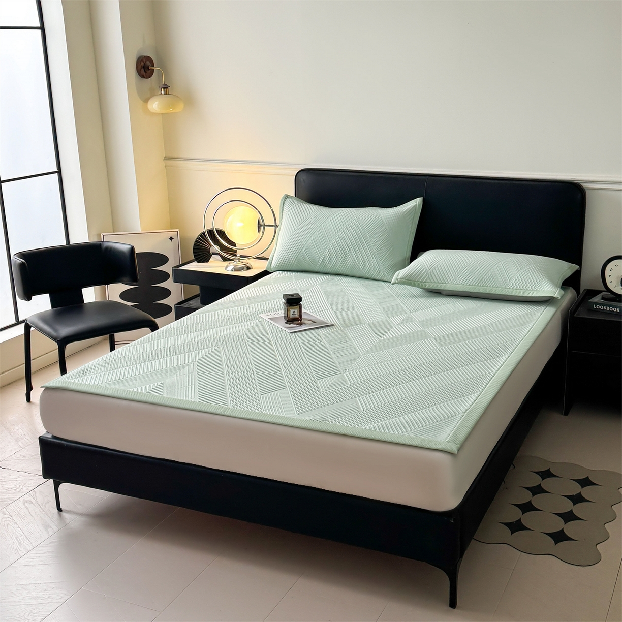 91家纺网 家纺一手货源 找家纺 慕木家纺 2026新品A类高克重高端复合三明治PE乙纶提花冰豆豆凉席床笠都市棱境系列（提供买家秀） 床席款都市棱境-绿