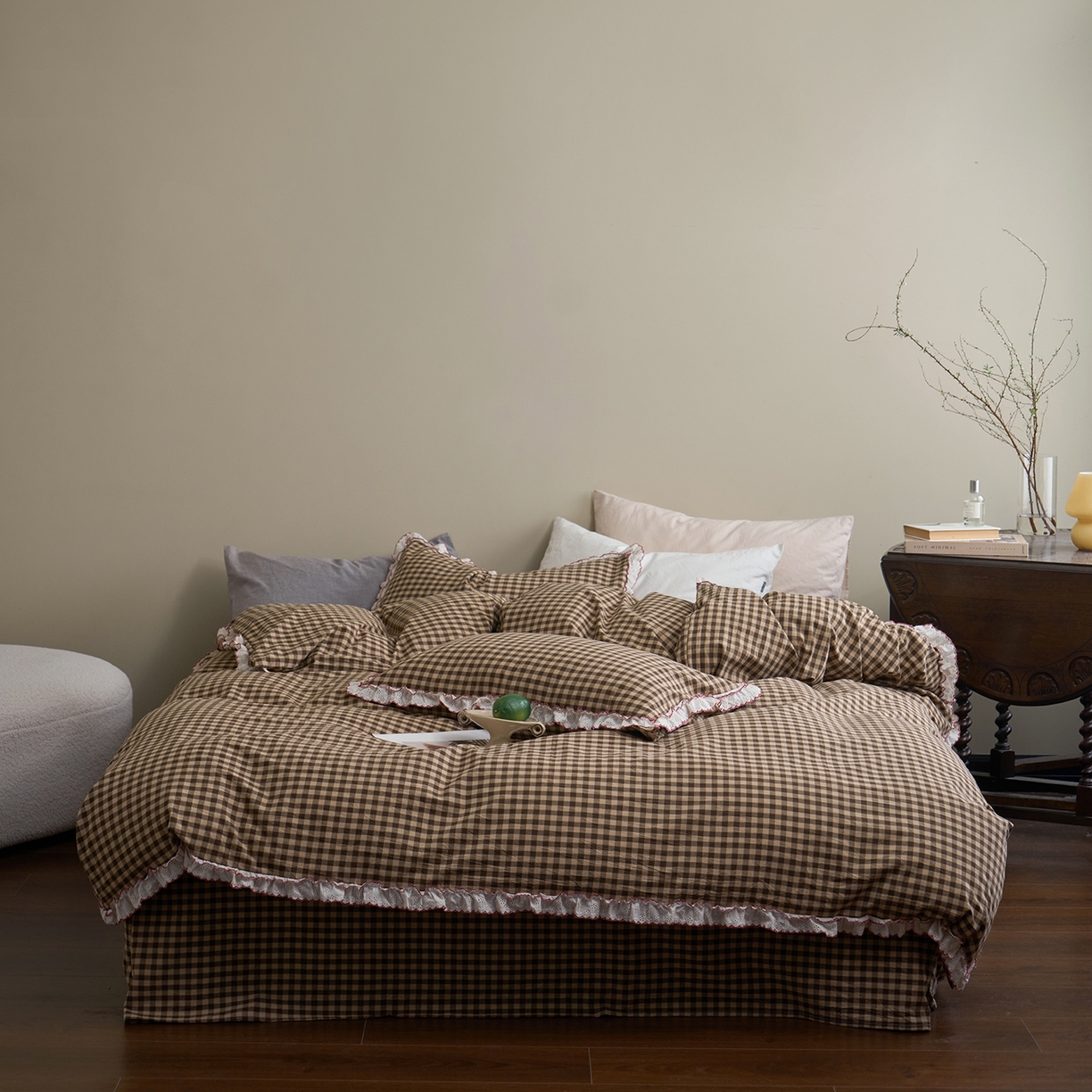 洋铭区（原狠狠爱）2026新款色织水洗棉花边四件套系列 控价：控价劵后不得低于 178元/218元/238元 花边咖啡格