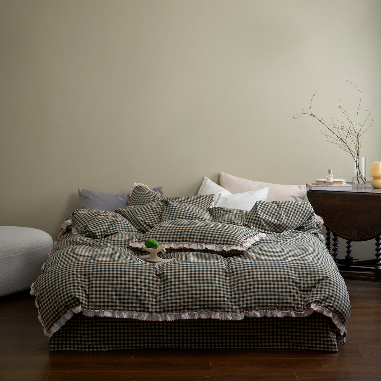 洋铭区（原狠狠爱）2026新款色织水洗棉花边四件套系列 控价：控价劵后不得低于 178元/218元/238元 花边绿格