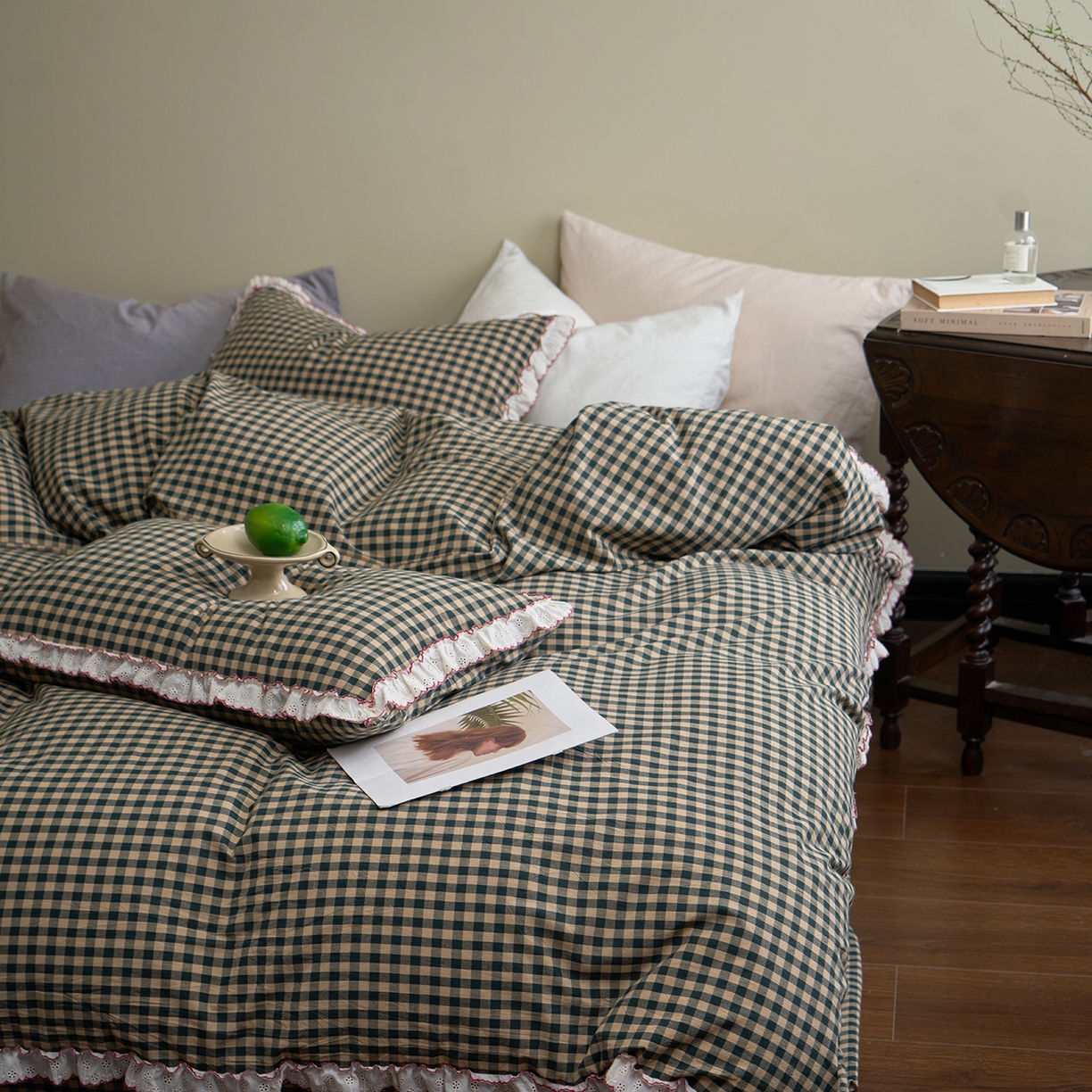 91家纺网 家纺一手货源 找家纺 洋铭区（原狠狠爱）2026新款色织水洗棉花边四件套系列 控价：控价劵后不得低于 178元/218元/238元 花边绿格