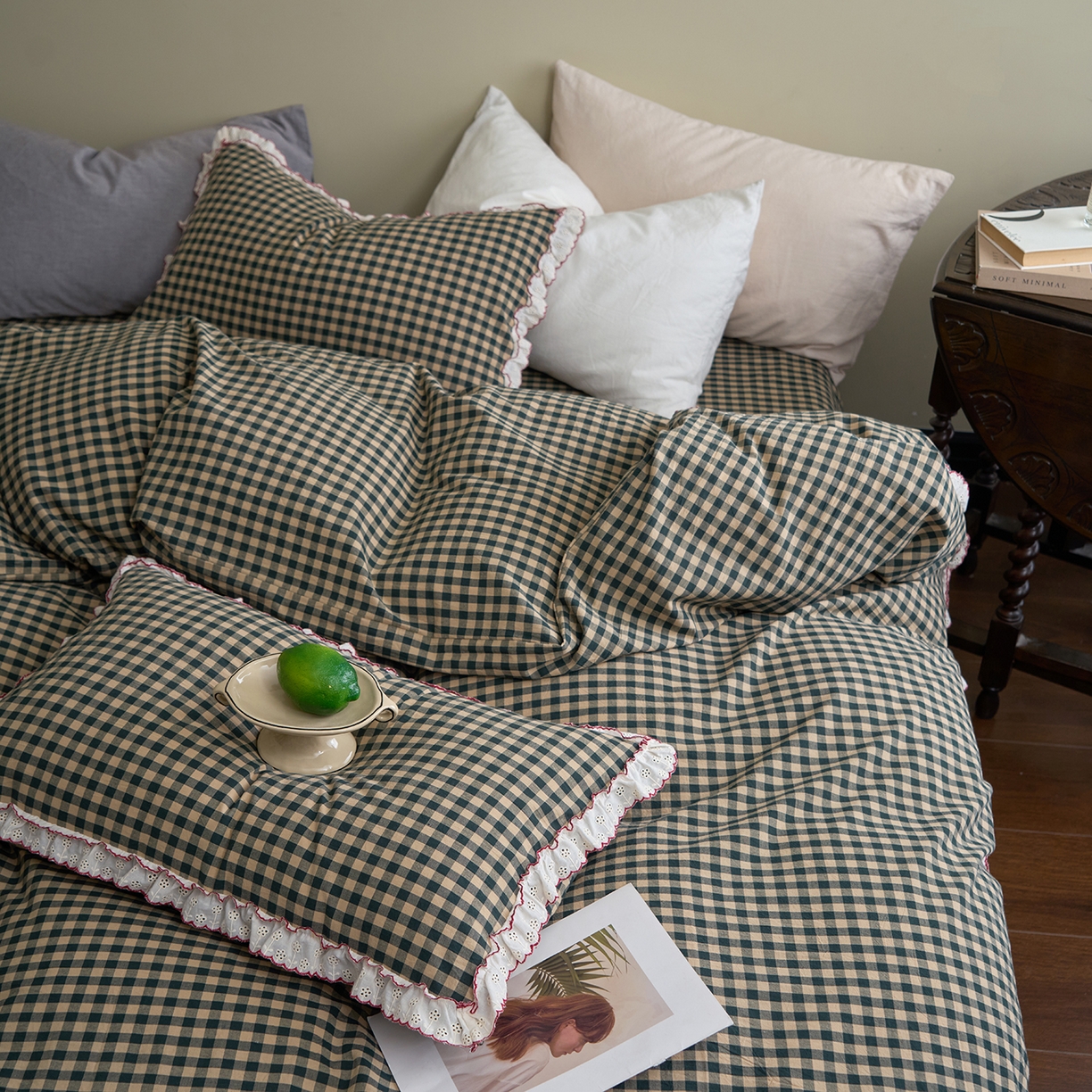 91家纺网 家纺一手货源 找家纺 洋铭区（原狠狠爱）2026新款色织水洗棉花边四件套系列 控价：控价劵后不得低于 178元/218元/238元 花边绿格