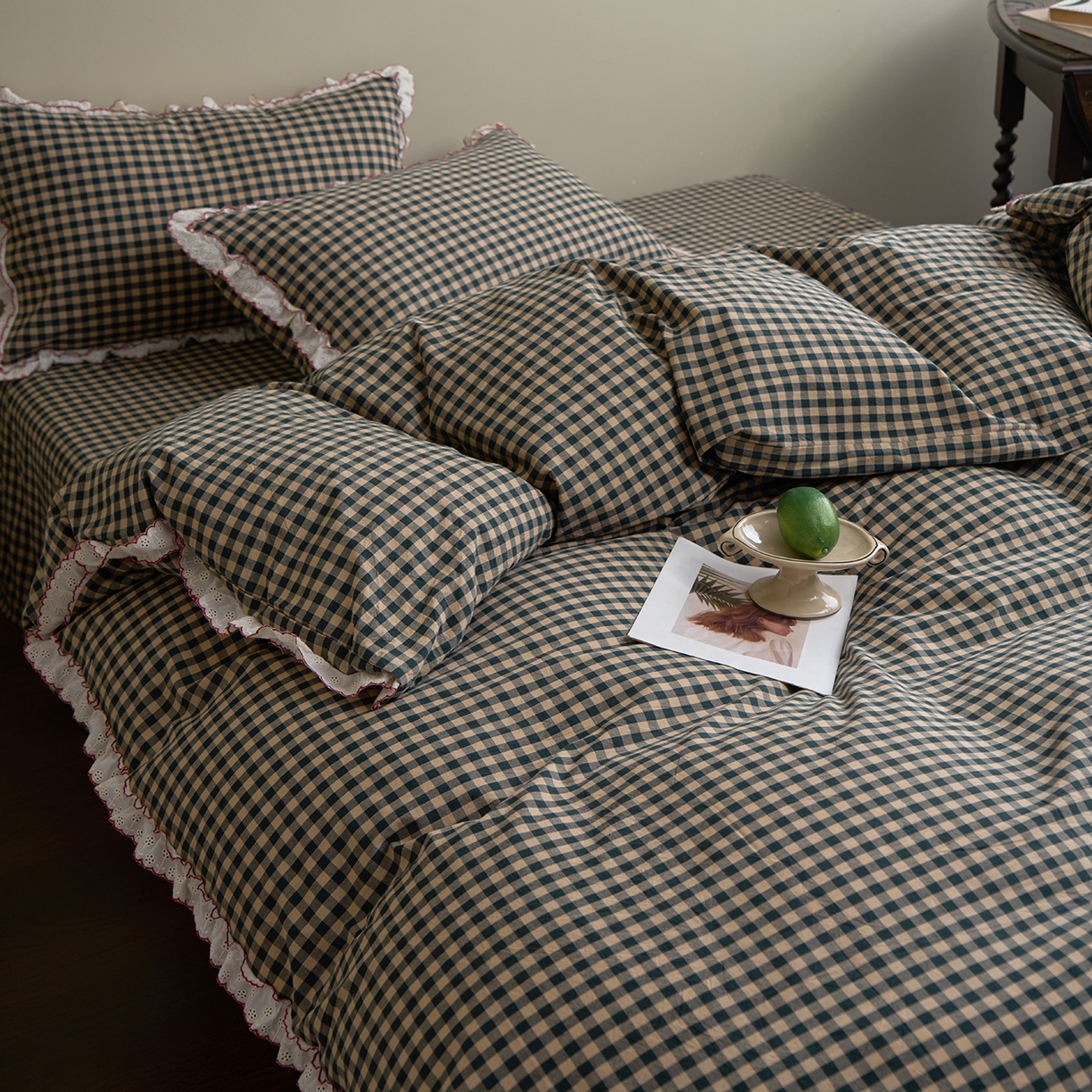 91家纺网 家纺一手货源 找家纺 洋铭区（原狠狠爱）2026新款色织水洗棉花边四件套系列 控价：控价劵后不得低于 178元/218元/238元 花边绿格