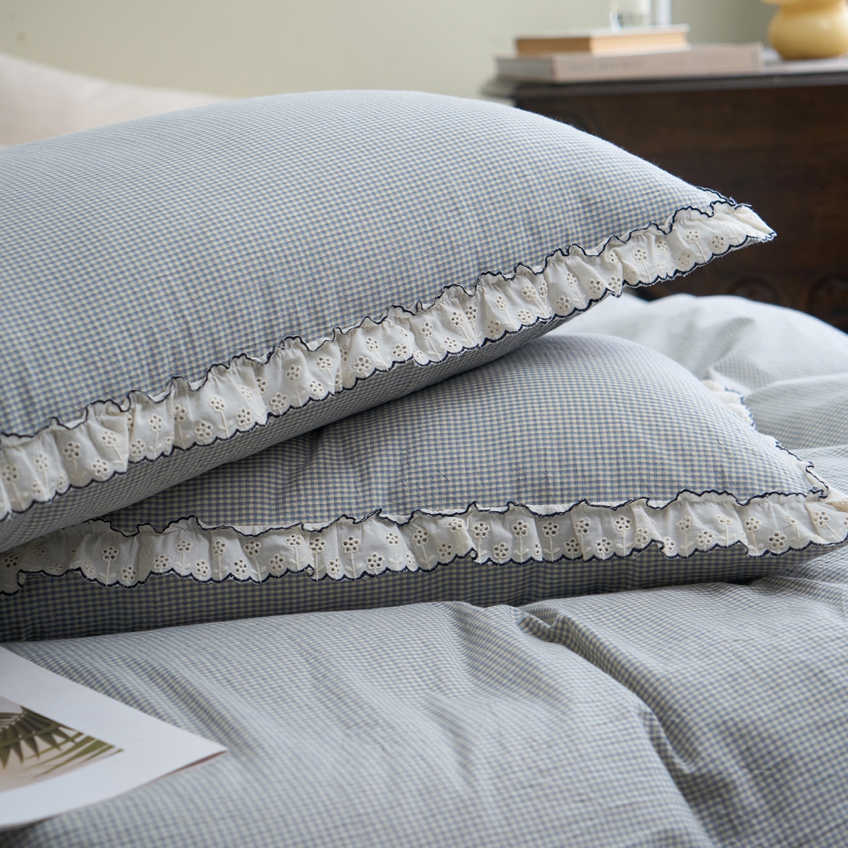 91家纺网 家纺一手货源 找家纺 洋铭区（原狠狠爱）2026新款色织水洗棉花边四件套系列 控价：控价劵后不得低于 178元/218元/238元 小米格·蓝