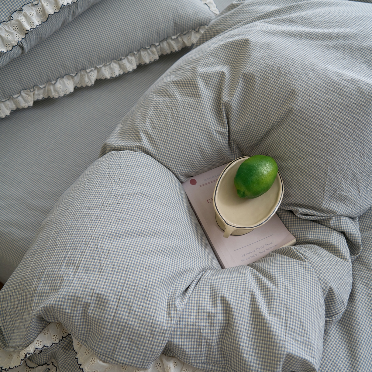 91家纺网 家纺一手货源 找家纺 洋铭区（原狠狠爱）2026新款色织水洗棉花边四件套系列 控价：控价劵后不得低于 178元/218元/238元 小米格·蓝