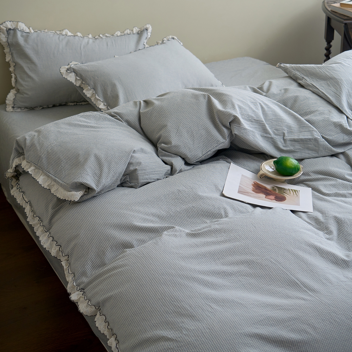 91家纺网 家纺一手货源 找家纺 洋铭区（原狠狠爱）2026新款色织水洗棉花边四件套系列 控价：控价劵后不得低于 178元/218元/238元 小米格·蓝