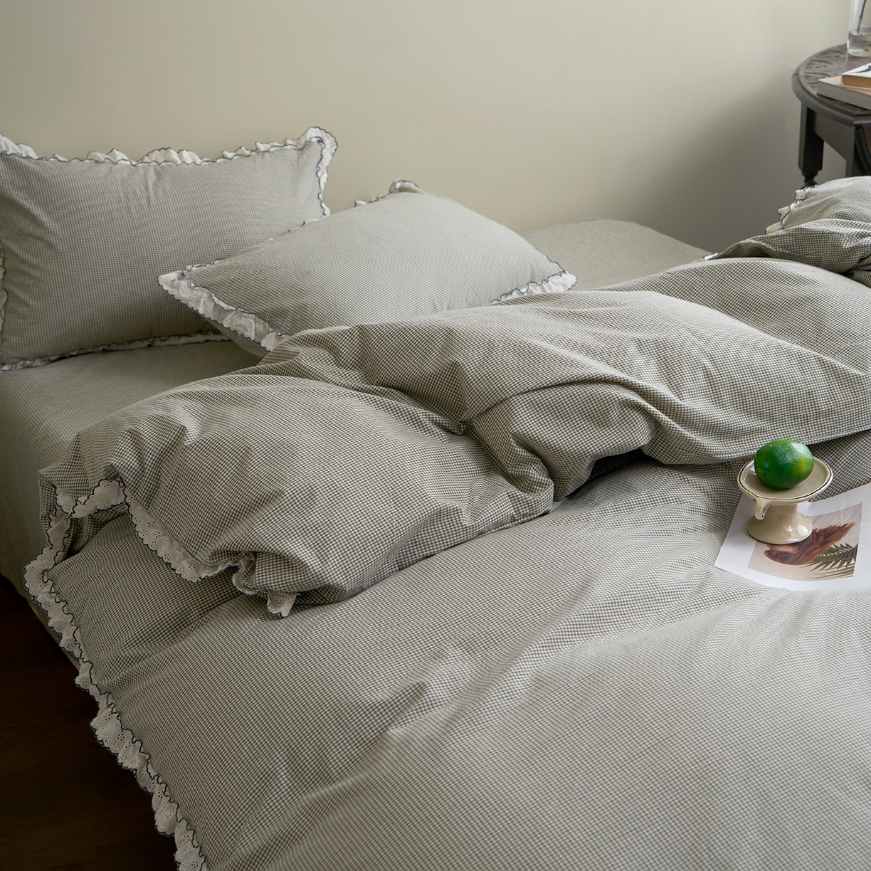 91家纺网 家纺一手货源 找家纺 洋铭区（原狠狠爱）2026新款色织水洗棉花边四件套系列 控价：控价劵后不得低于 178元/218元/238元 小米格·绿