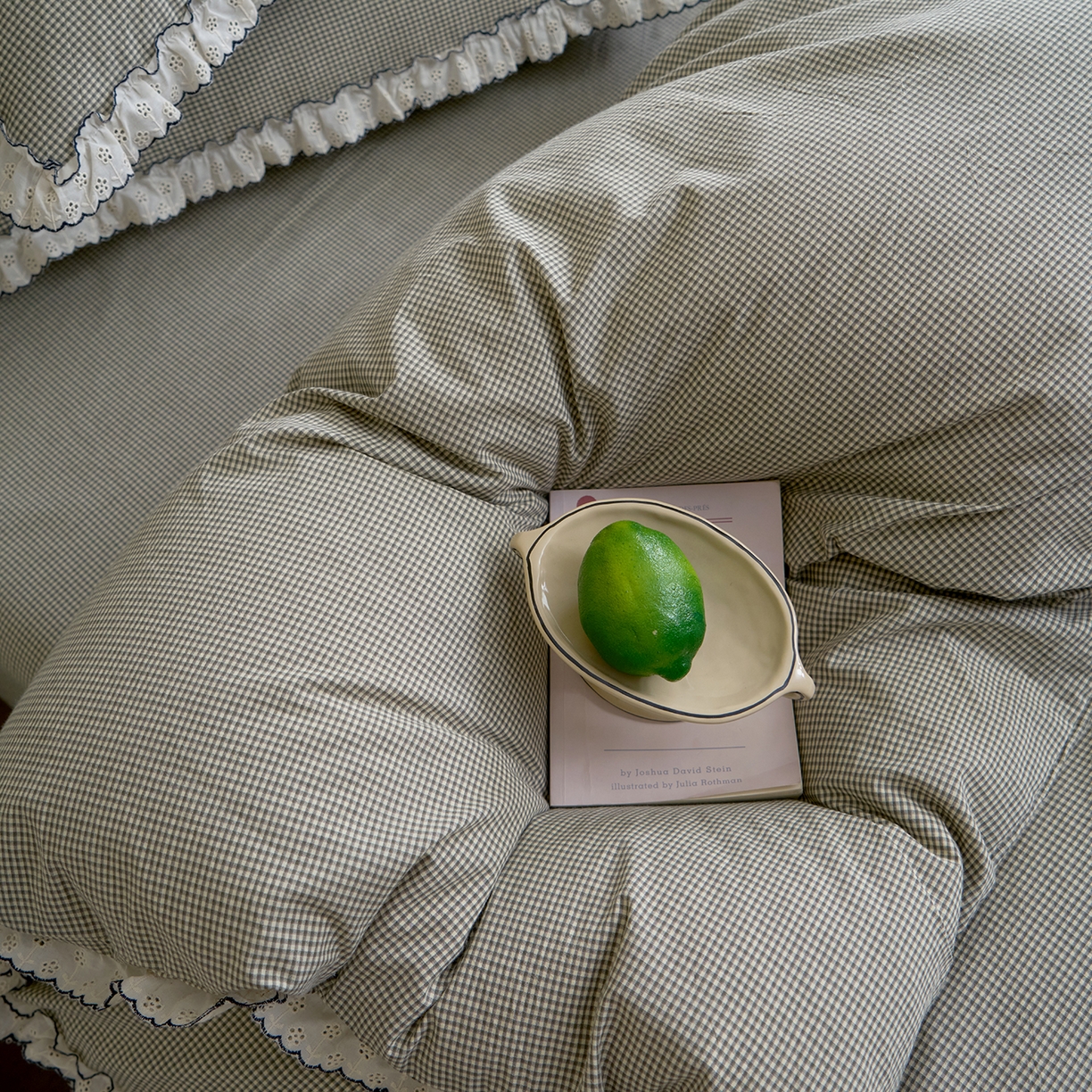 91家纺网 家纺一手货源 找家纺 洋铭区（原狠狠爱）2026新款色织水洗棉花边四件套系列 控价：控价劵后不得低于 178元/218元/238元 小米格·绿