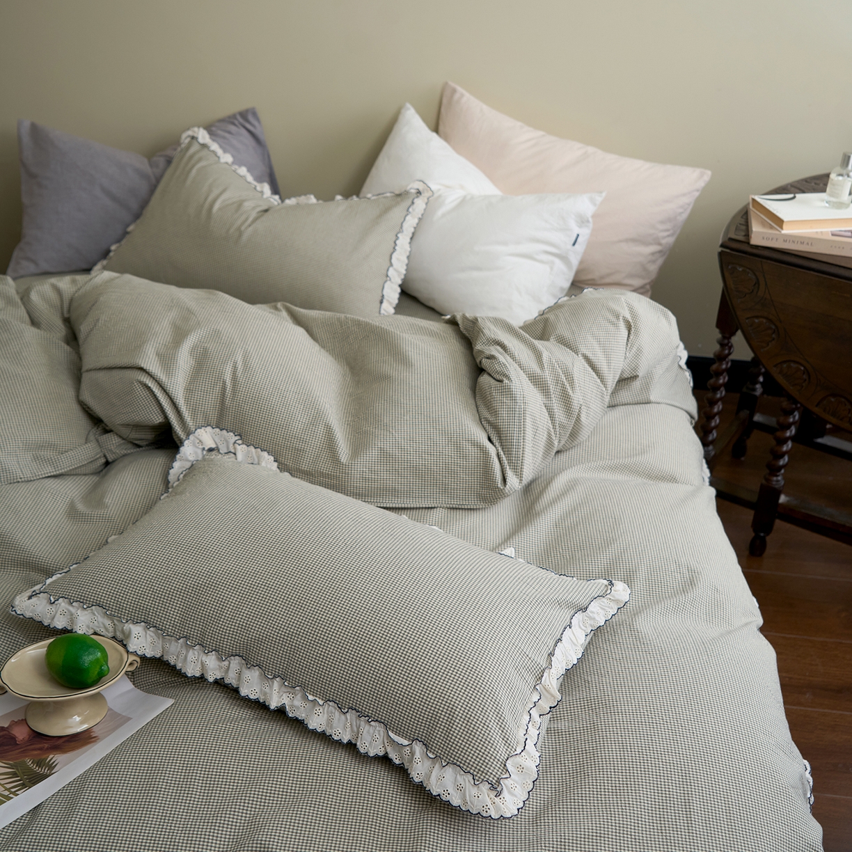 91家纺网 家纺一手货源 找家纺 洋铭区（原狠狠爱）2026新款色织水洗棉花边四件套系列 控价：控价劵后不得低于 178元/218元/238元 小米格·绿