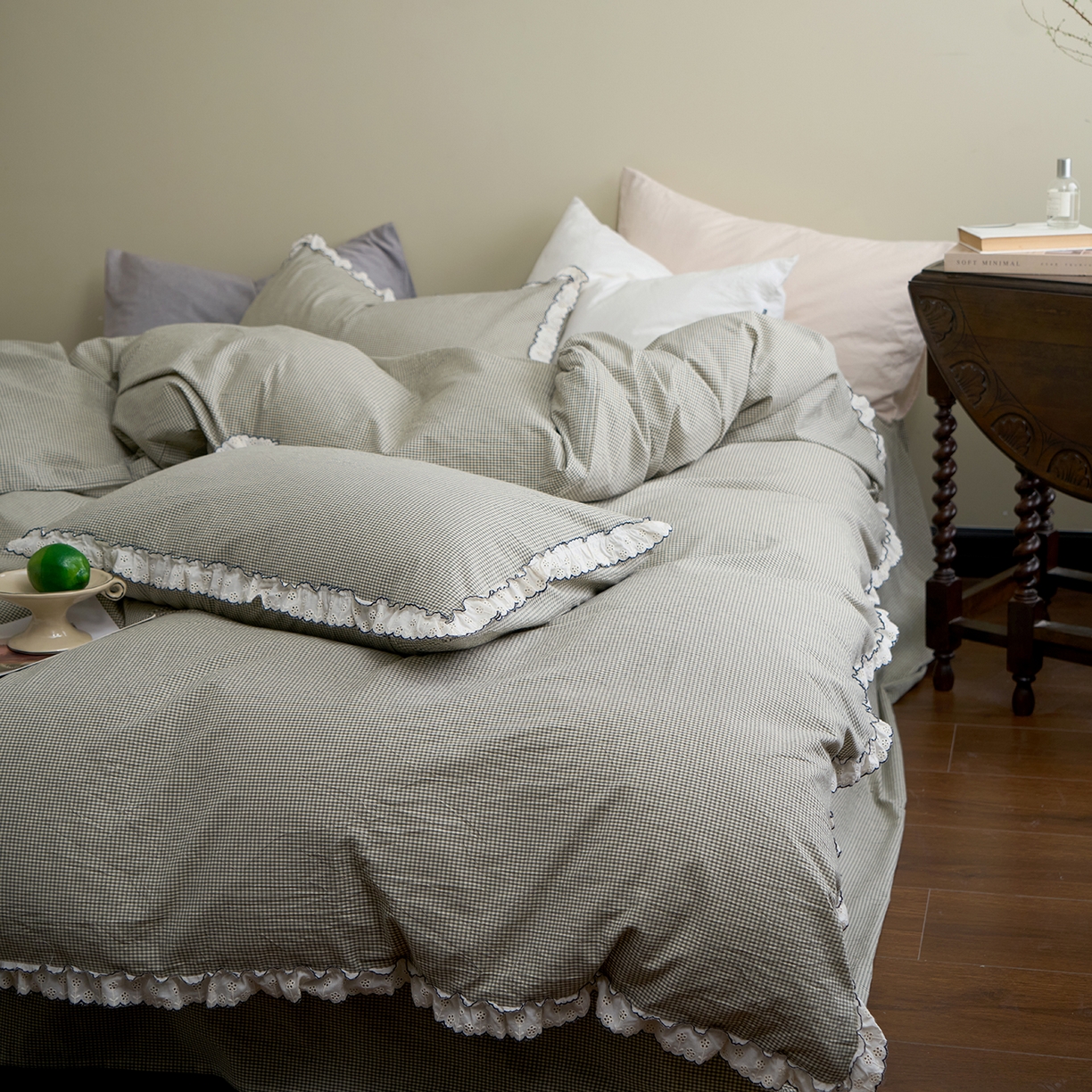 91家纺网 家纺一手货源 找家纺 洋铭区（原狠狠爱）2026新款色织水洗棉花边四件套系列 控价：控价劵后不得低于 178元/218元/238元 小米格·绿