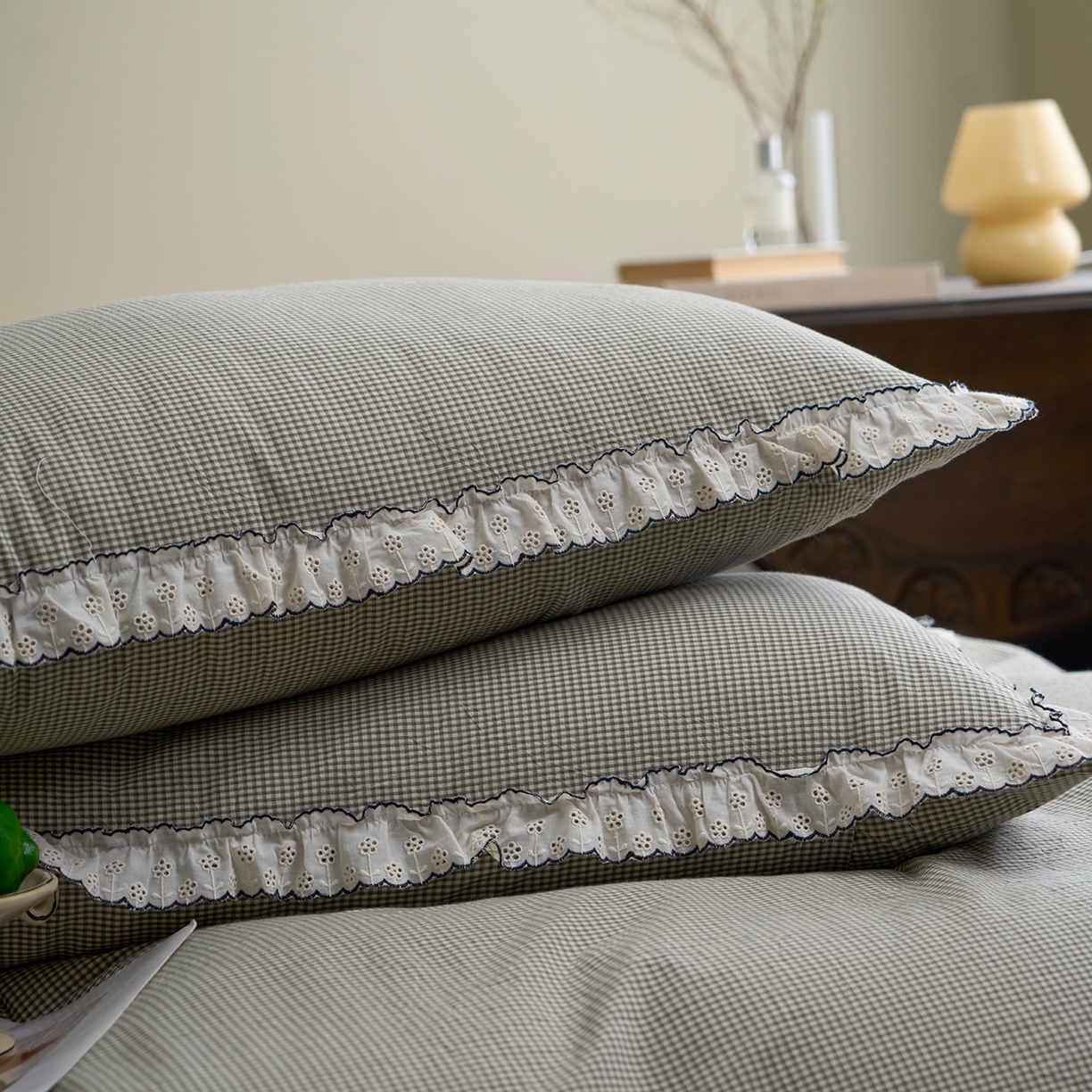 91家纺网 家纺一手货源 找家纺 洋铭区（原狠狠爱）2026新款色织水洗棉花边四件套系列 控价：控价劵后不得低于 178元/218元/238元 小米格·绿