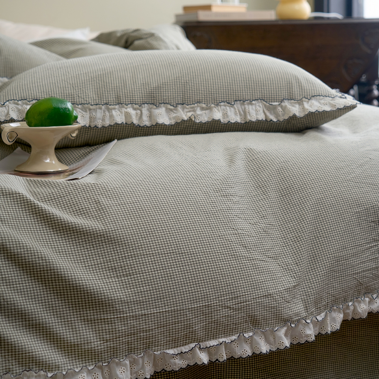 91家纺网 家纺一手货源 找家纺 洋铭区（原狠狠爱）2026新款色织水洗棉花边四件套系列 控价：控价劵后不得低于 178元/218元/238元 小米格·绿