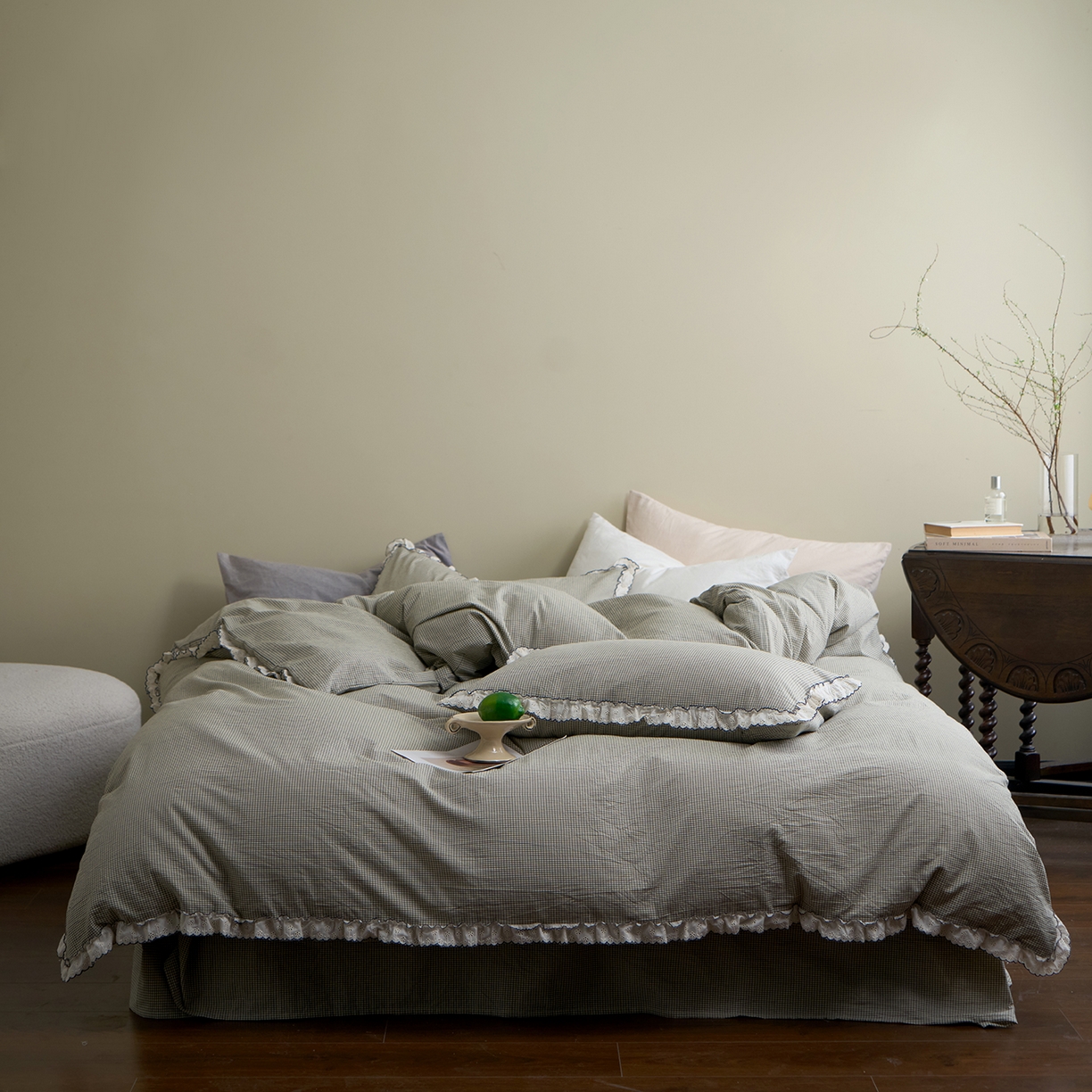 洋铭区（原狠狠爱）2026新款色织水洗棉花边四件套系列 控价：控价劵后不得低于 178元/218元/238元 小米格·绿