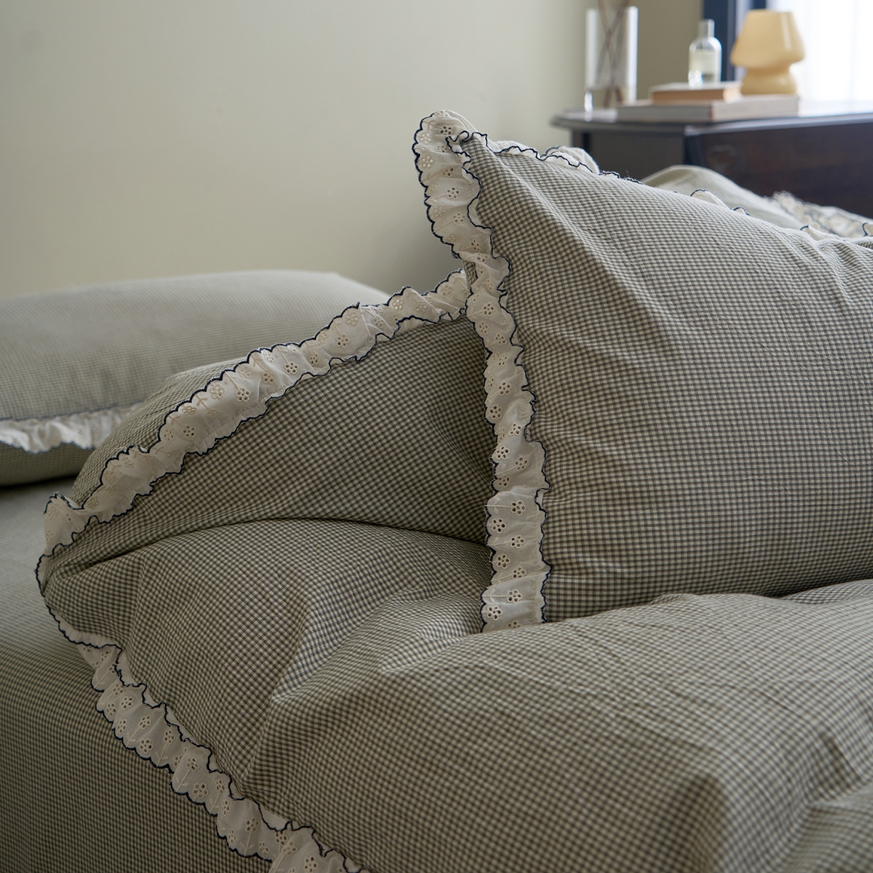 91家纺网 家纺一手货源 找家纺 洋铭区（原狠狠爱）2026新款色织水洗棉花边四件套系列 控价：控价劵后不得低于 178元/218元/238元 小米格·绿