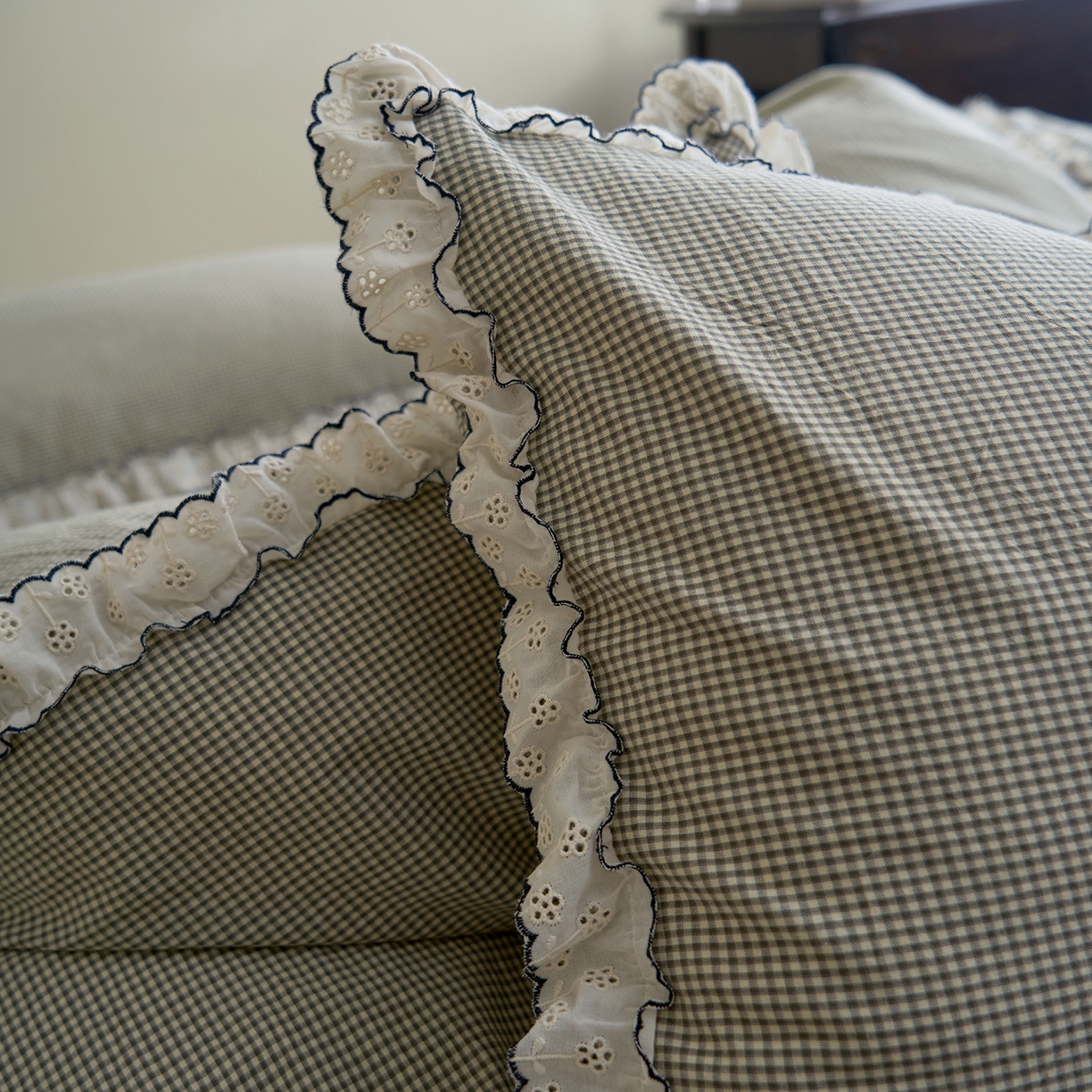 91家纺网 家纺一手货源 找家纺 洋铭区（原狠狠爱）2026新款色织水洗棉花边四件套系列 控价：控价劵后不得低于 178元/218元/238元 小米格·绿