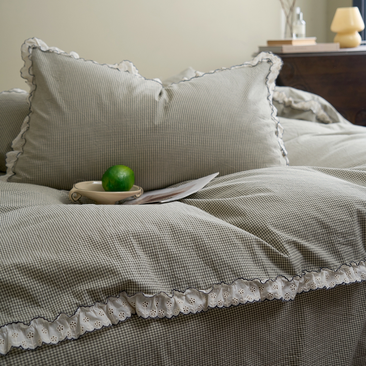 91家纺网 家纺一手货源 找家纺 洋铭区（原狠狠爱）2026新款色织水洗棉花边四件套系列 控价：控价劵后不得低于 178元/218元/238元 小米格·绿