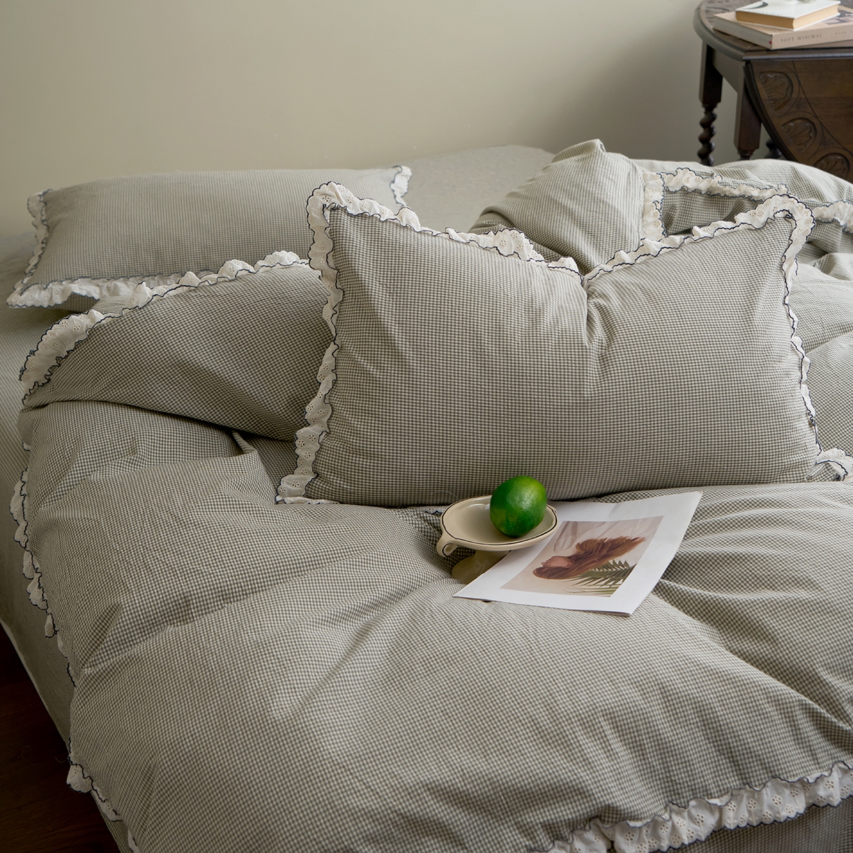 91家纺网 家纺一手货源 找家纺 洋铭区（原狠狠爱）2026新款色织水洗棉花边四件套系列 控价：控价劵后不得低于 178元/218元/238元 小米格·绿