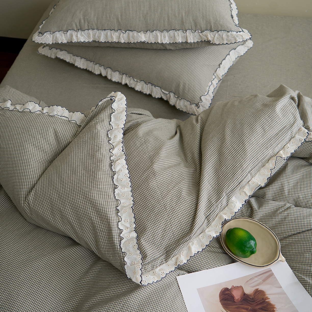 91家纺网 家纺一手货源 找家纺 洋铭区（原狠狠爱）2026新款色织水洗棉花边四件套系列 控价：控价劵后不得低于 178元/218元/238元 小米格·绿