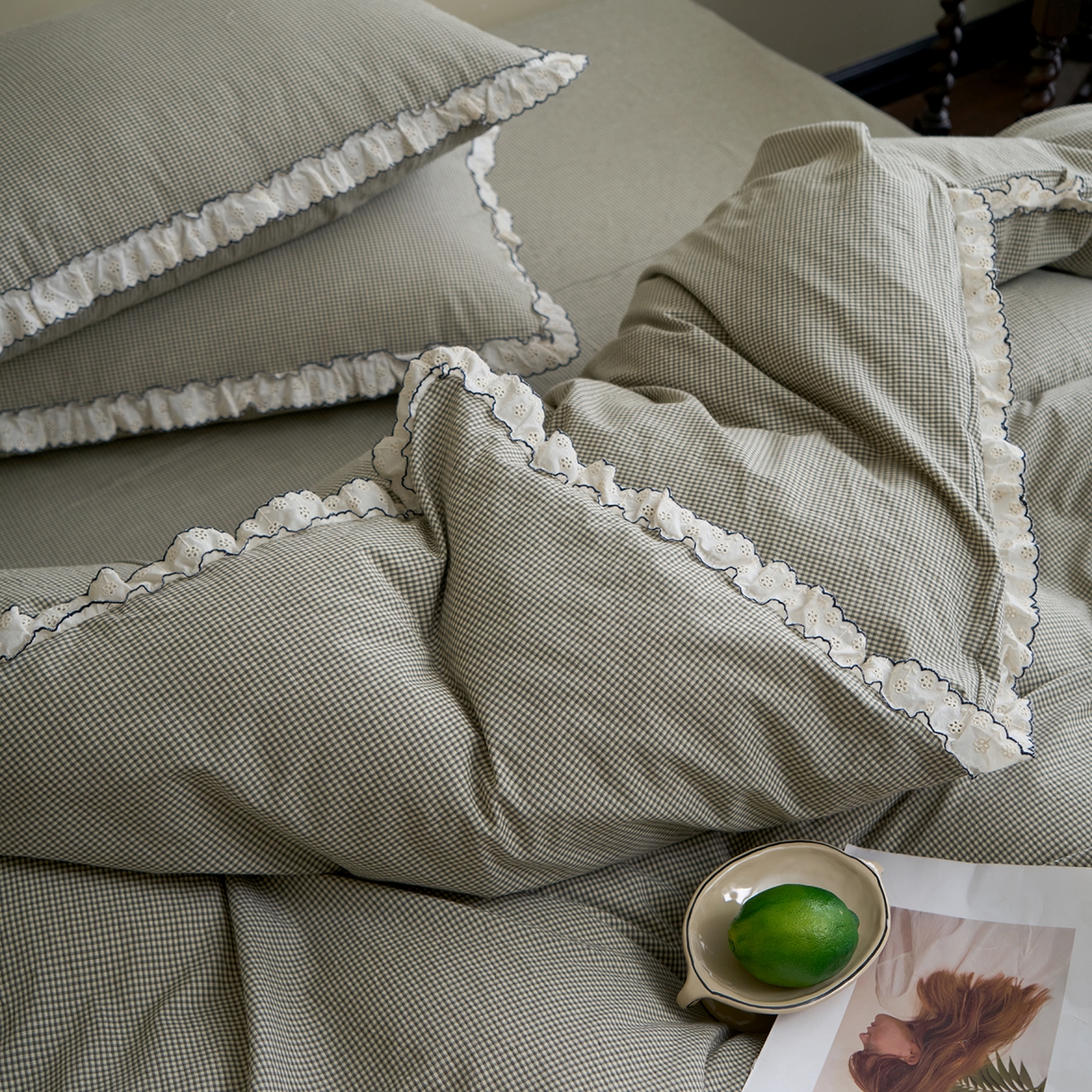 91家纺网 家纺一手货源 找家纺 洋铭区（原狠狠爱）2026新款色织水洗棉花边四件套系列 控价：控价劵后不得低于 178元/218元/238元 小米格·绿