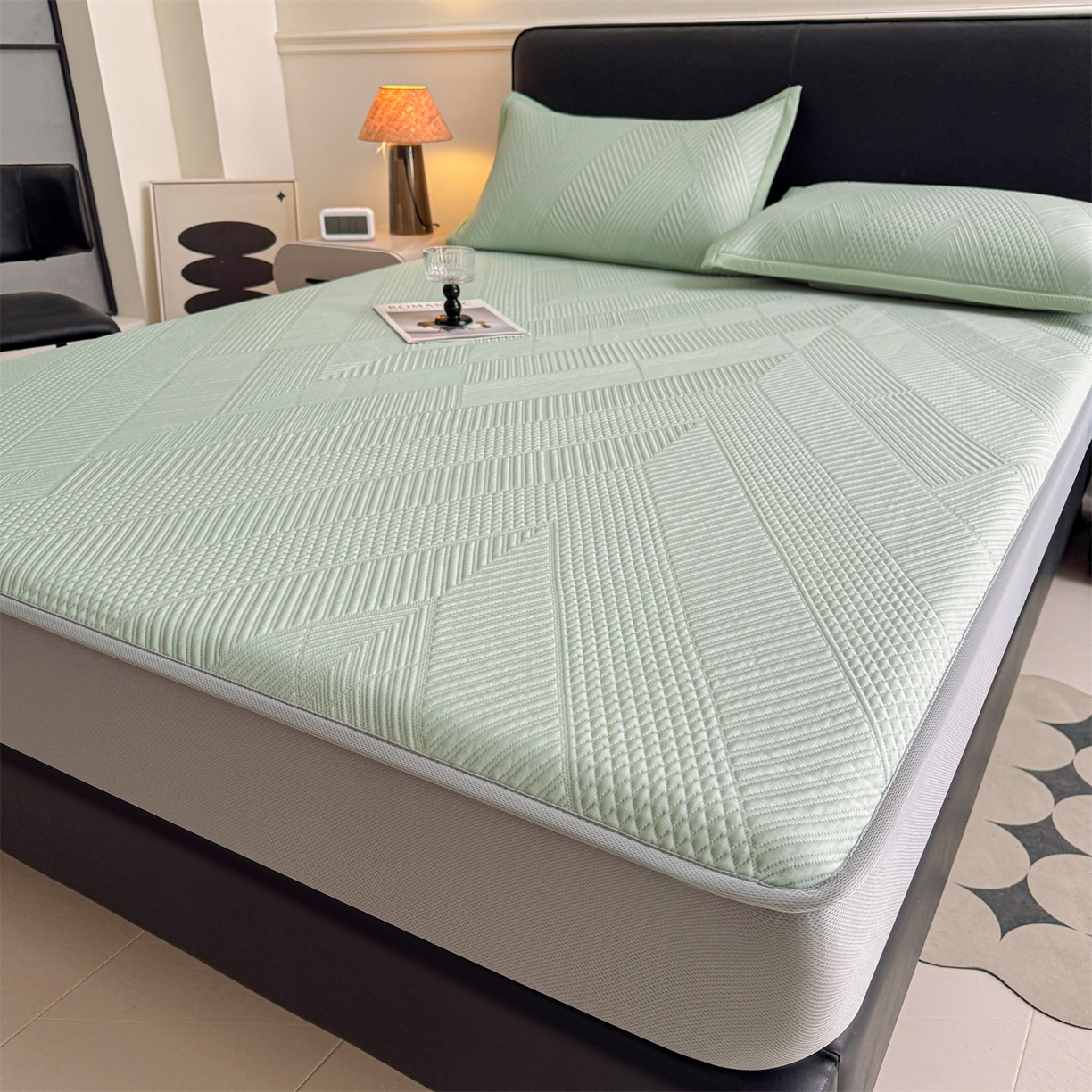 91家纺网 家纺一手货源 找家纺 慕木家纺 2026新品A类高克重高端复合三明治PE乙纶提花冰豆豆凉席床笠都市棱境系列（提供买家秀） 床笠款都市棱境-绿