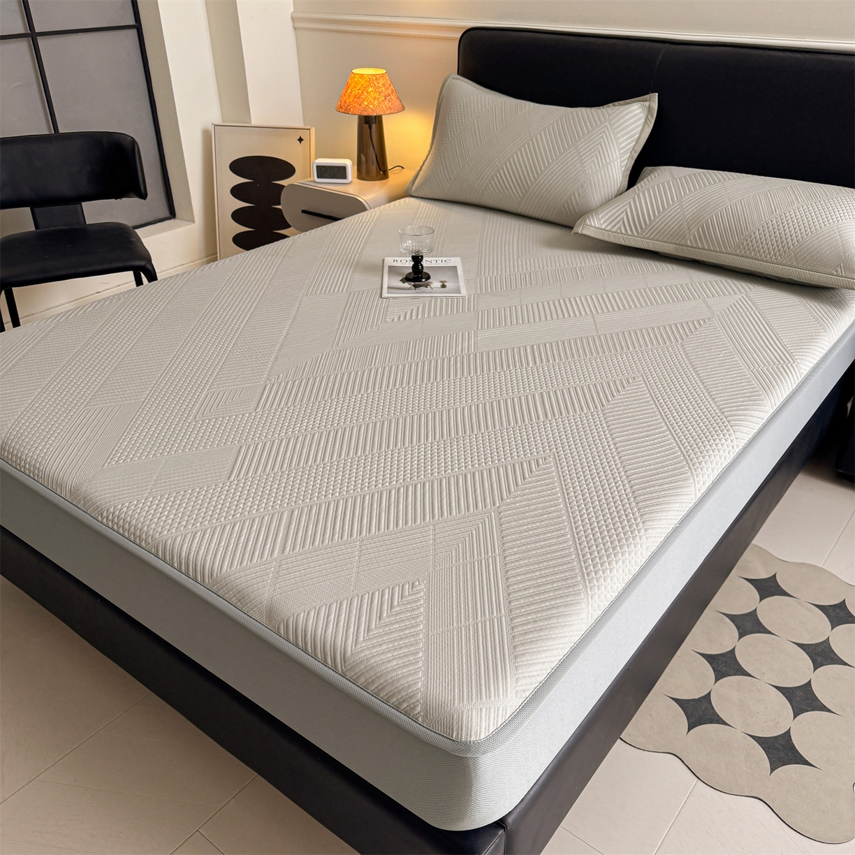 91家纺网 家纺一手货源 找家纺 慕木家纺 2026新品A类高克重高端复合三明治PE乙纶提花冰豆豆凉席床笠都市棱境系列（提供买家秀） 床笠款都市棱境-卡其