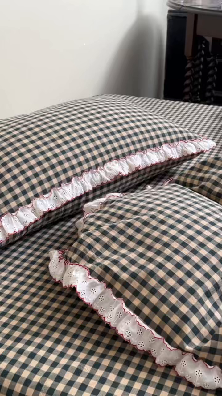 91家纺网 家纺一手货源 找家纺 洋铭区（原狠狠爱）2026新款色织水洗棉花边四件套系列 控价：控价劵后不得低于 178元/218元/238元 花边绿格