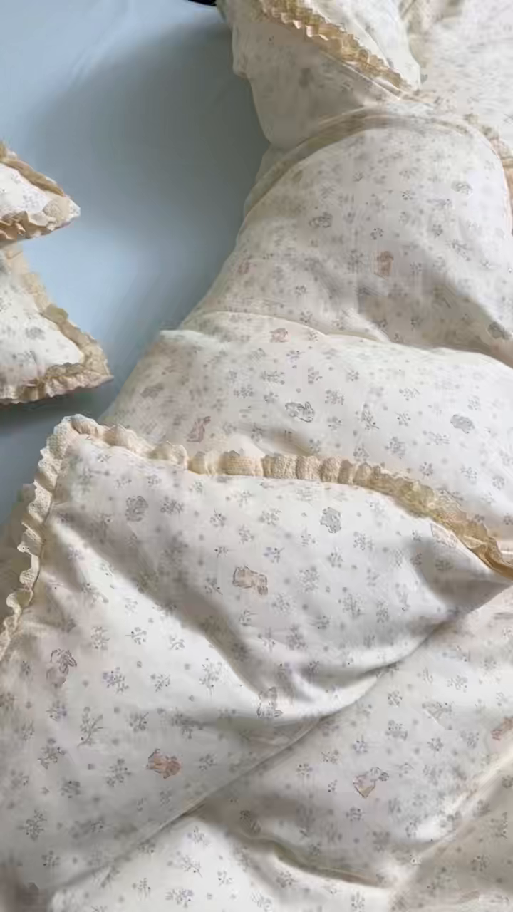 91家纺网 家纺一手货源 找家纺 洋铭区（原狠狠爱） 2026新款双层纱皱皱纱花边四件套系列 控价：控价劵后不得低于 198元/228元/248元 椰奶兔