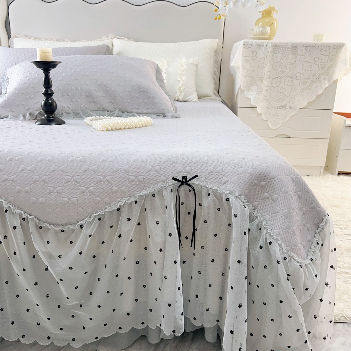 91家纺网 家纺一手货源 找家纺 恋尚羽家纺 2026新款高分子PE凉泡泡大床裙凉感席波浪冰豆豆凉席席子三件套-小确幸 小确幸-灰色