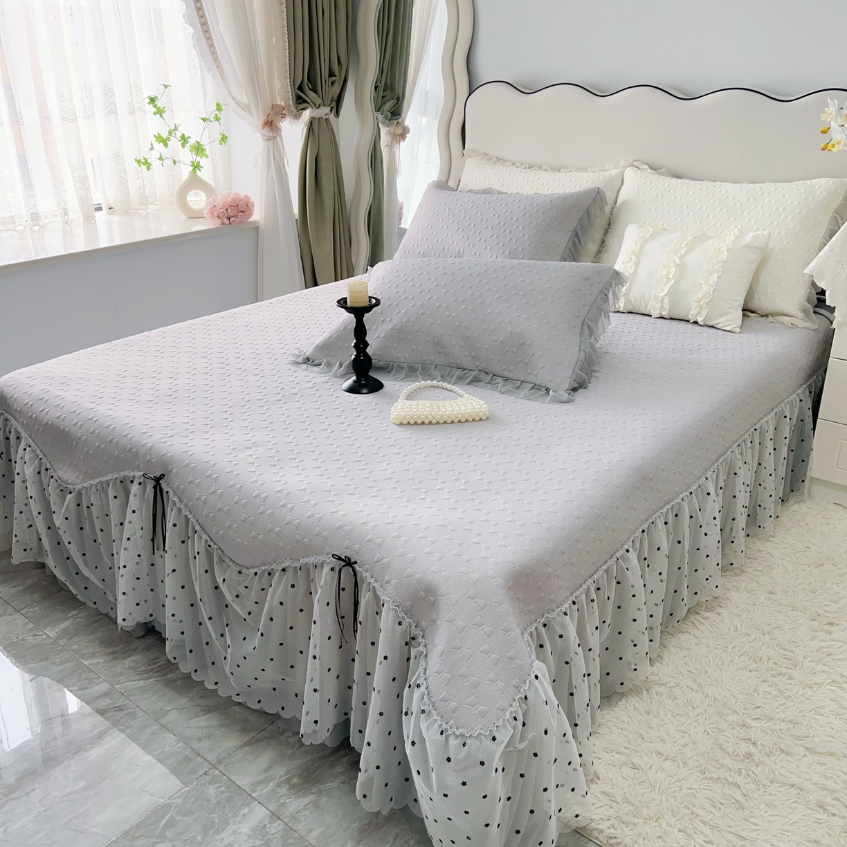 91家纺网 家纺一手货源 找家纺 恋尚羽家纺 2026新款高分子PE凉泡泡大床裙凉感席波浪冰豆豆凉席席子三件套-小确幸 小确幸-灰色