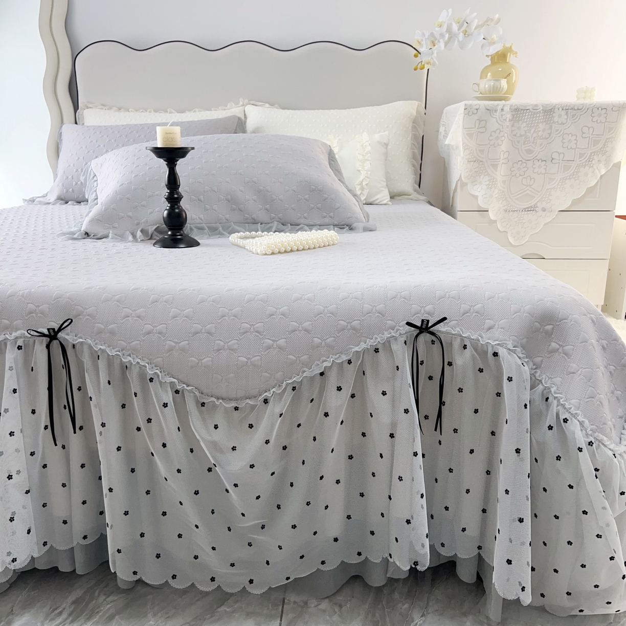 91家纺网 家纺一手货源 找家纺 恋尚羽家纺 2026新款高分子PE凉泡泡大床裙凉感席波浪冰豆豆凉席席子三件套-小确幸 小确幸-灰色