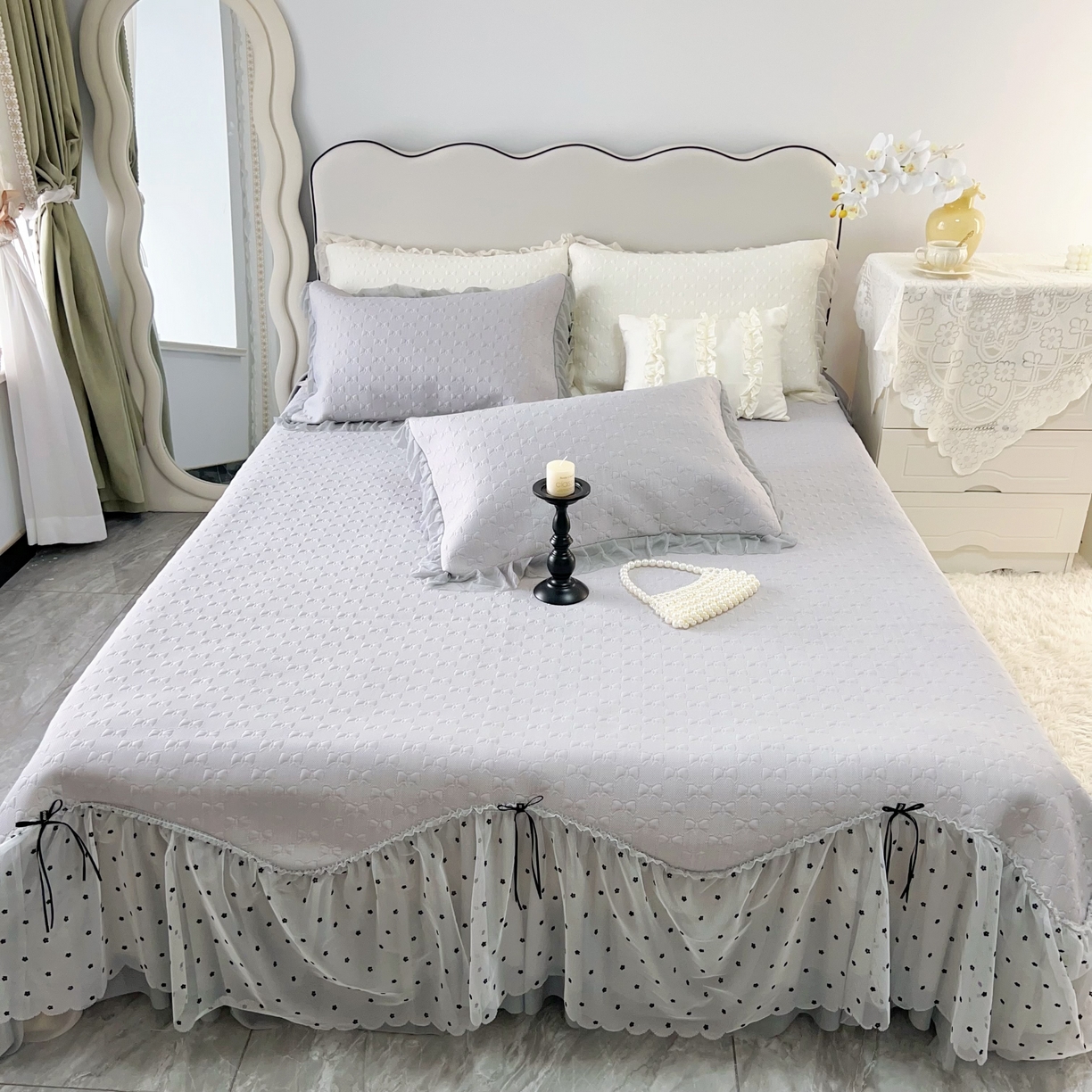 91家纺网 家纺一手货源 找家纺 恋尚羽家纺 2026新款高分子PE凉泡泡大床裙凉感席波浪冰豆豆凉席席子三件套-小确幸 小确幸-灰色