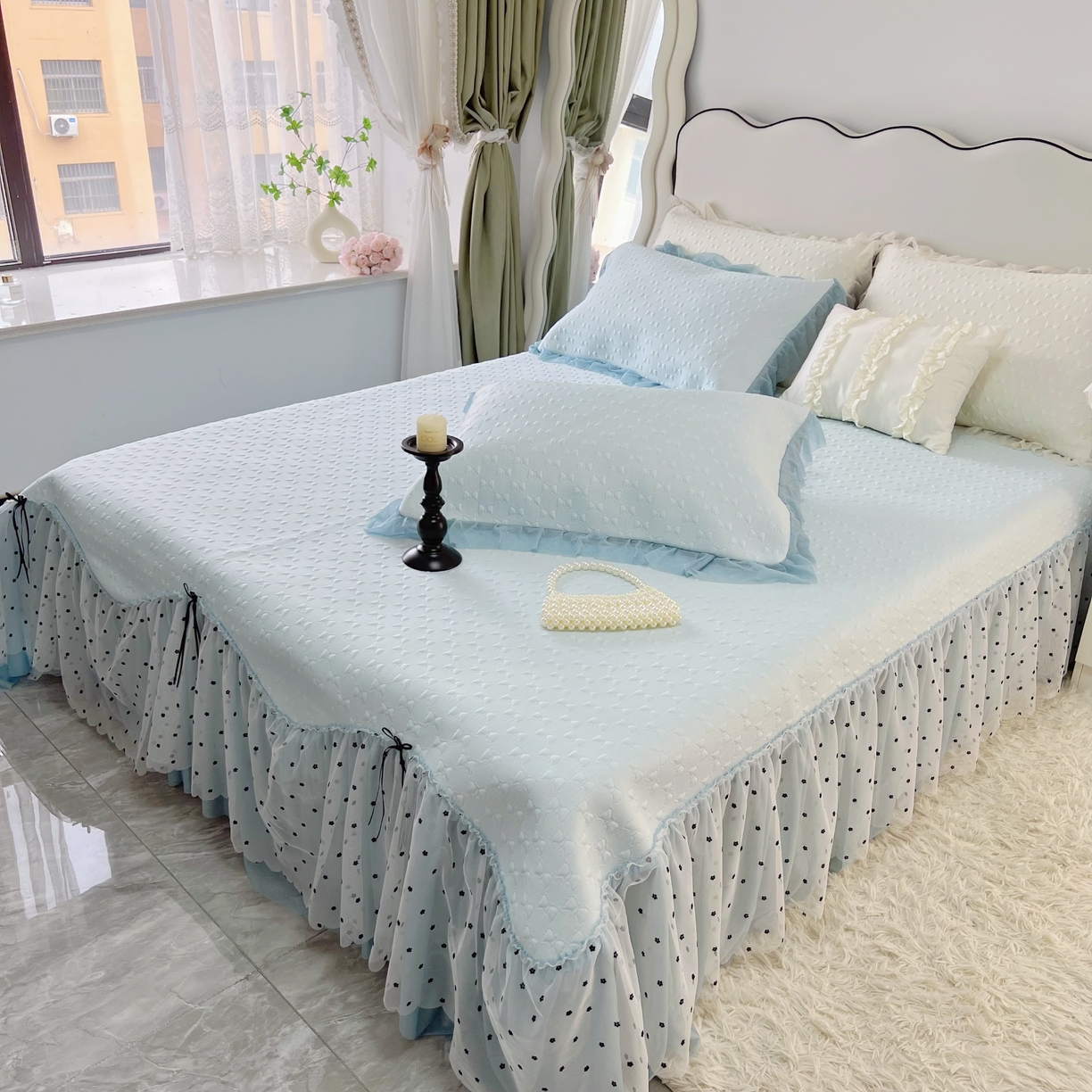 91家纺网 家纺一手货源 找家纺 恋尚羽家纺 2026新款高分子PE凉泡泡大床裙凉感席波浪冰豆豆凉席席子三件套-小确幸 小确幸-蓝色