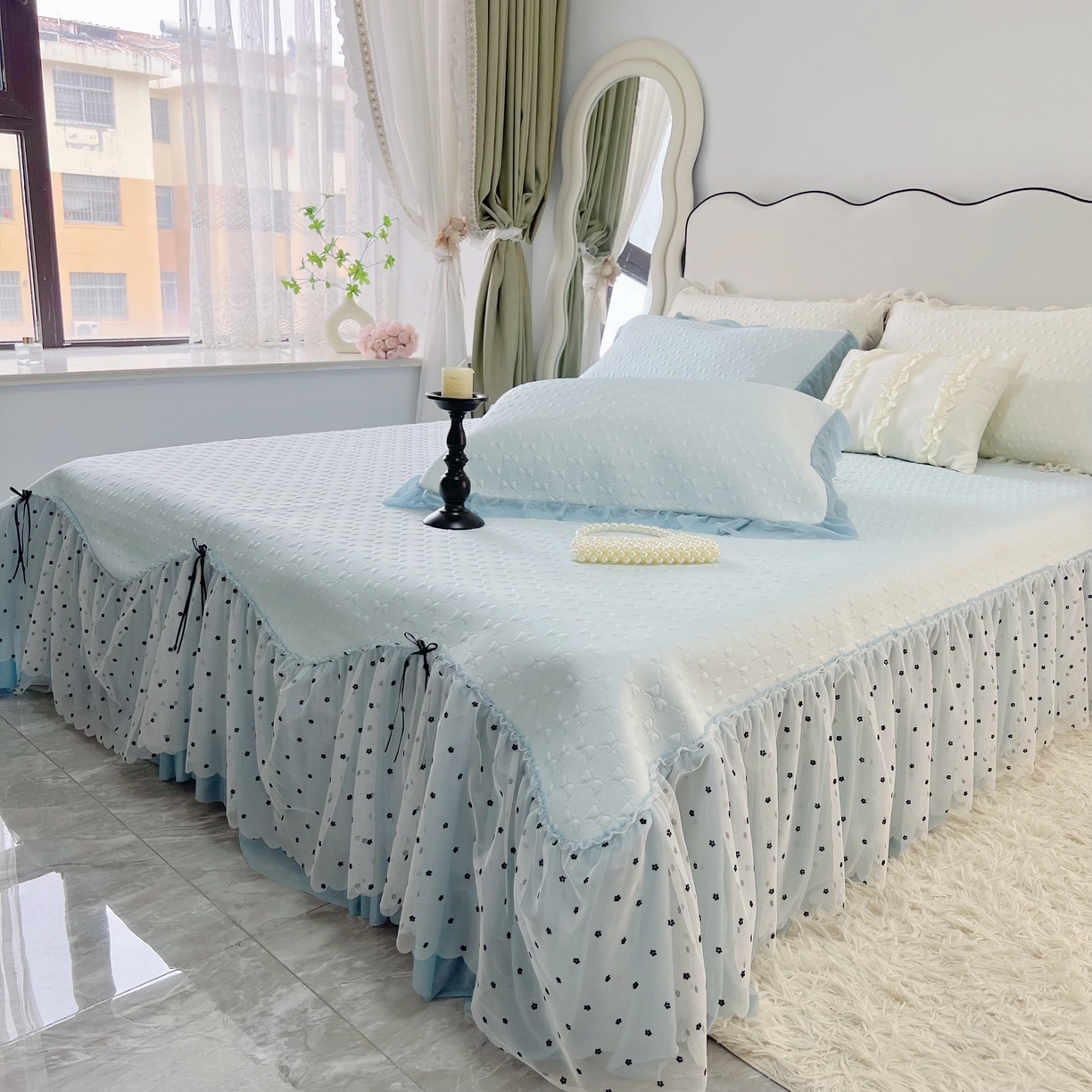 91家纺网 家纺一手货源 找家纺 恋尚羽家纺 2026新款高分子PE凉泡泡大床裙凉感席波浪冰豆豆凉席席子三件套-小确幸 小确幸-蓝色