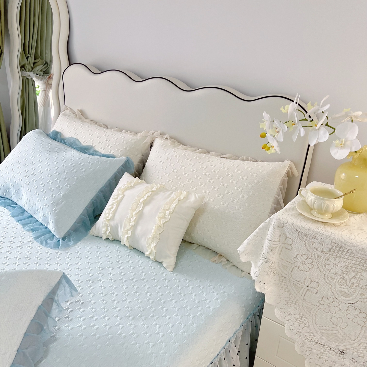 91家纺网 家纺一手货源 找家纺 恋尚羽家纺 2026新款高分子PE凉泡泡大床裙凉感席波浪冰豆豆凉席席子三件套-小确幸 小确幸-蓝色