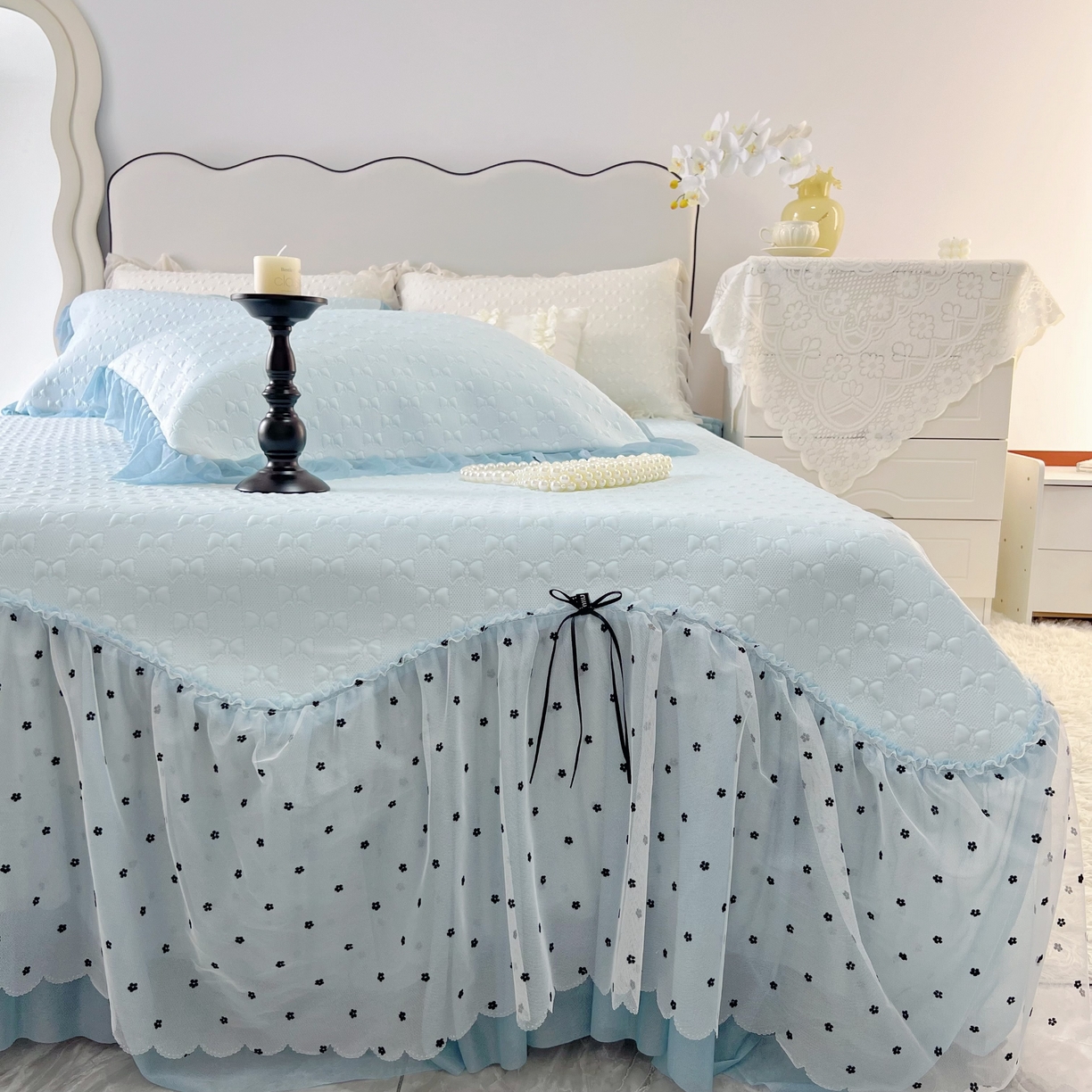 91家纺网 家纺一手货源 找家纺 恋尚羽家纺 2026新款高分子PE凉泡泡大床裙凉感席波浪冰豆豆凉席席子三件套-小确幸 小确幸-蓝色